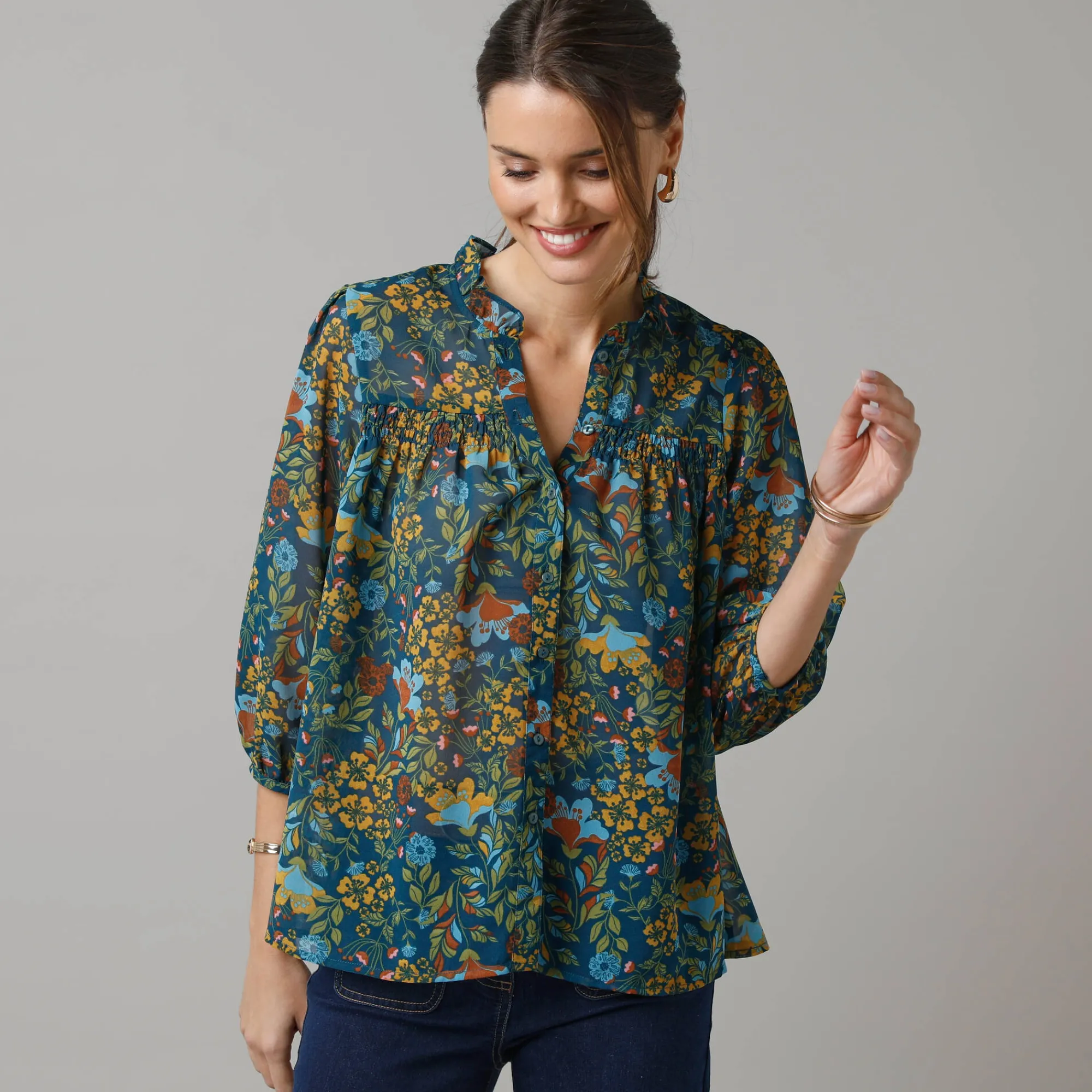 Bloes En Tuniek<Lora Zellini Bloes in bedrukte voile, details in smokwerk blauw