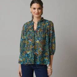 Bloes En Tuniek<Lora Zellini Bloes in bedrukte voile, details in smokwerk blauw