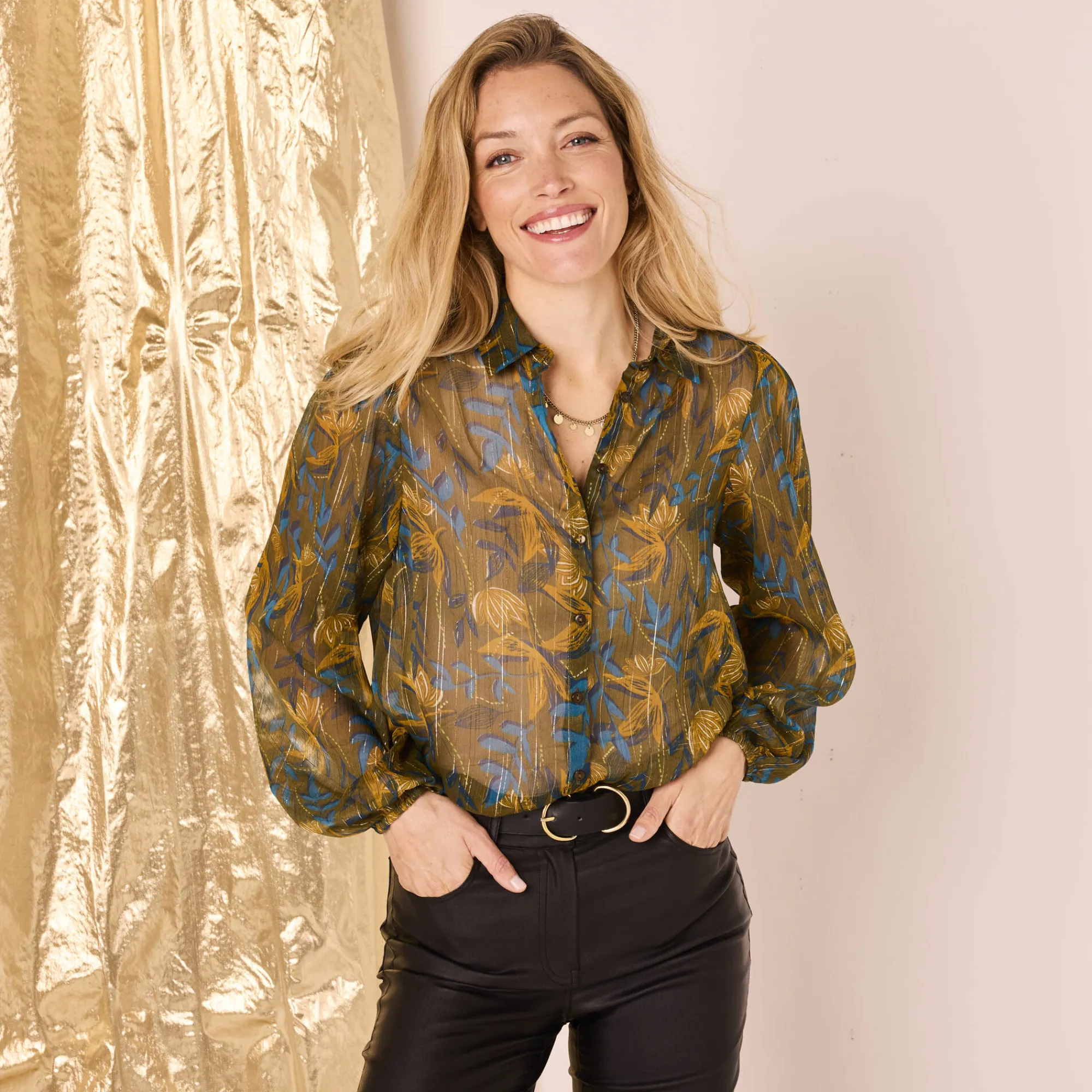 Feestoutfits Dames|Bloes En Tuniek<Blancheporte Bloes in bedrukte voile, glansdraad kaki / blauw
