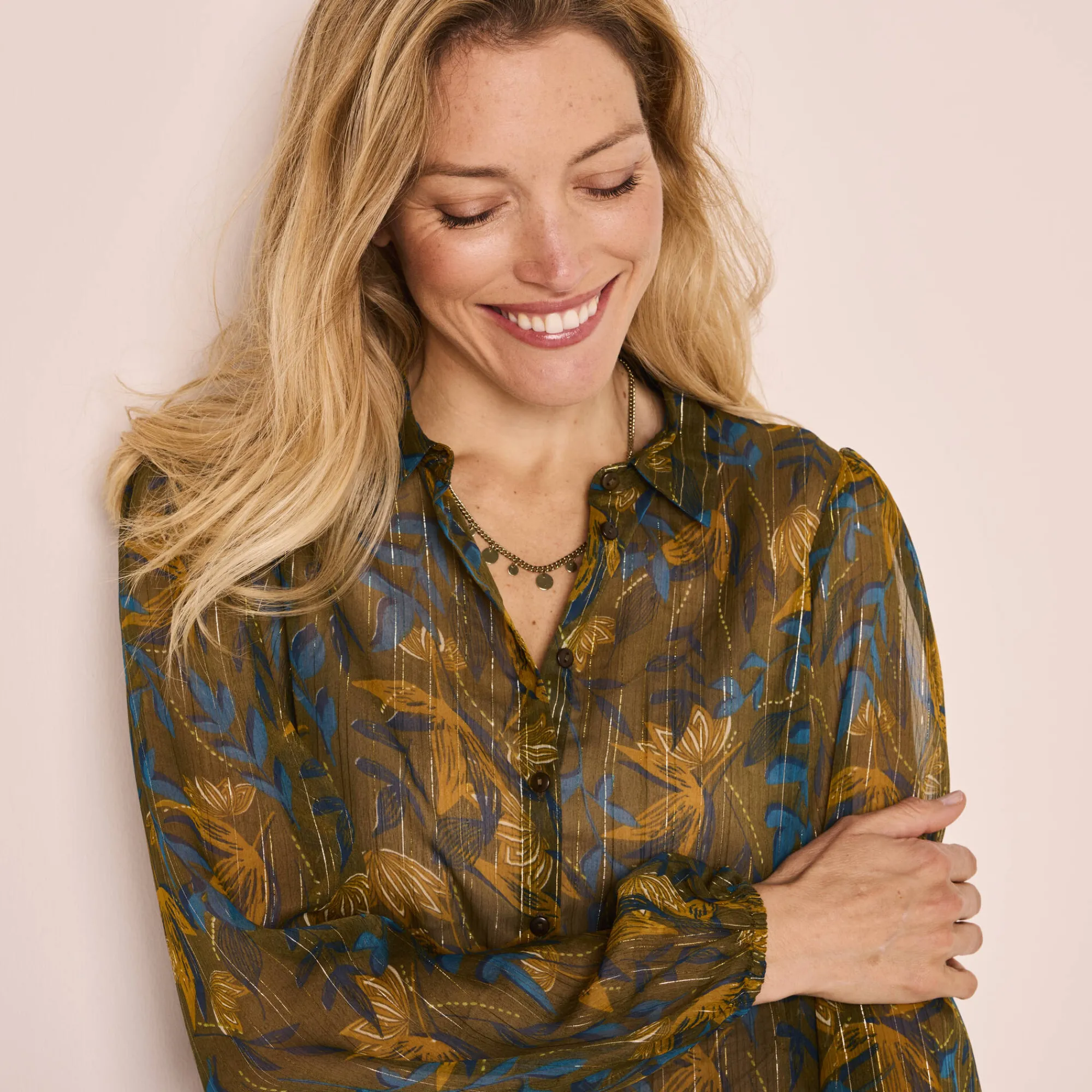 Feestoutfits Dames|Bloes En Tuniek<Blancheporte Bloes in bedrukte voile, glansdraad kaki / blauw