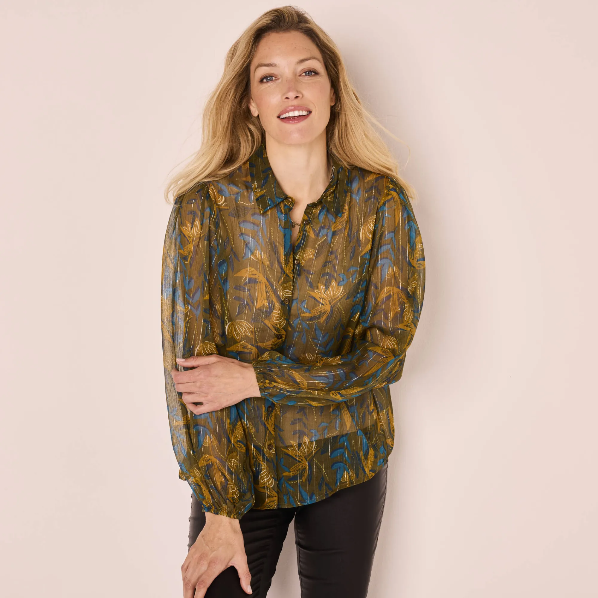 Feestoutfits Dames|Bloes En Tuniek<Blancheporte Bloes in bedrukte voile, glansdraad kaki / blauw