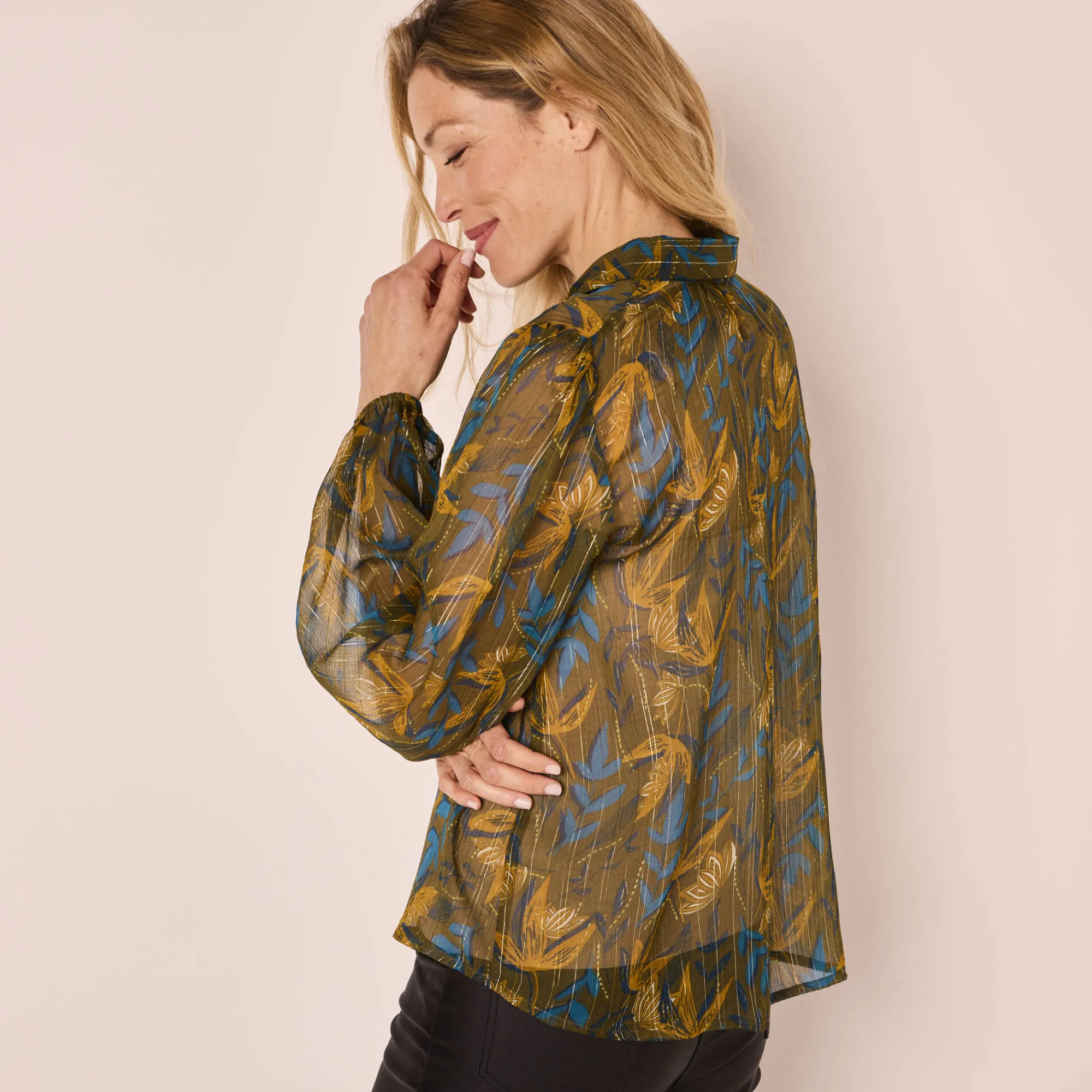 Feestoutfits Dames|Bloes En Tuniek<Blancheporte Bloes in bedrukte voile, glansdraad kaki / blauw