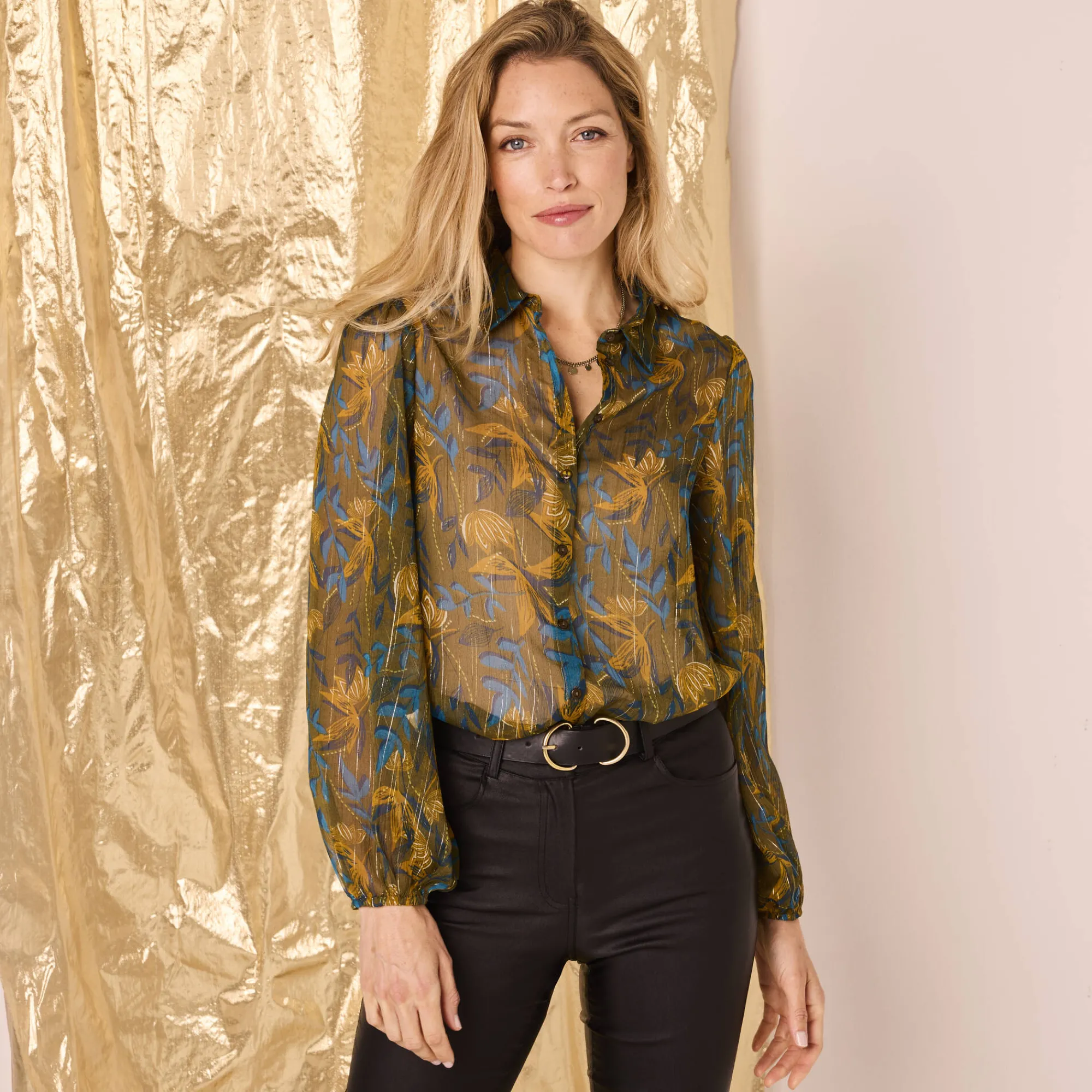 Feestoutfits Dames|Bloes En Tuniek<Blancheporte Bloes in bedrukte voile, glansdraad kaki / blauw