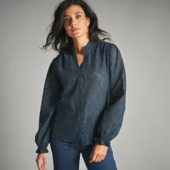 Bloes En Tuniek<Lora Zellini Bloes in bloemenkant, strookjes aan de kraag indigo