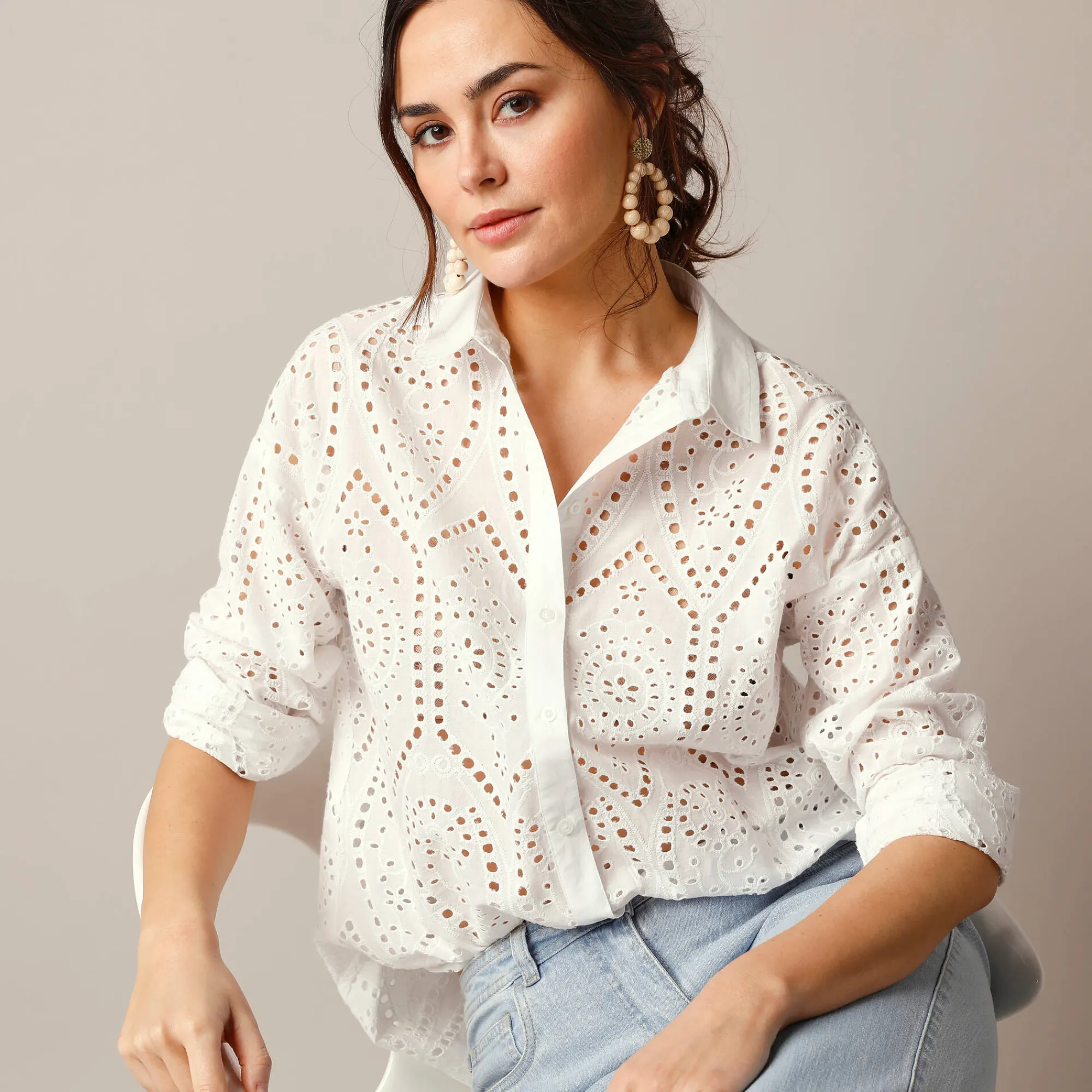 Bloes En Tuniek<Blancheporte Bloes in broderie anglaise, lange mouwen wit