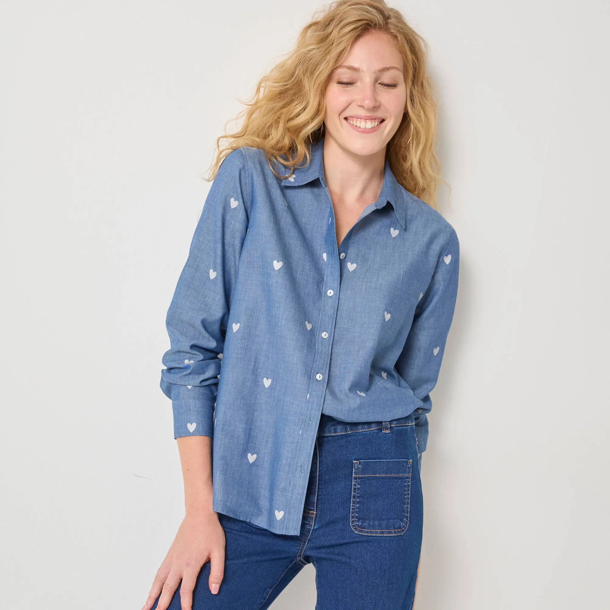 Bloes En Tuniek<Blancheporte Bloes in chambray met knoopsluiting en hartjesprint bleached