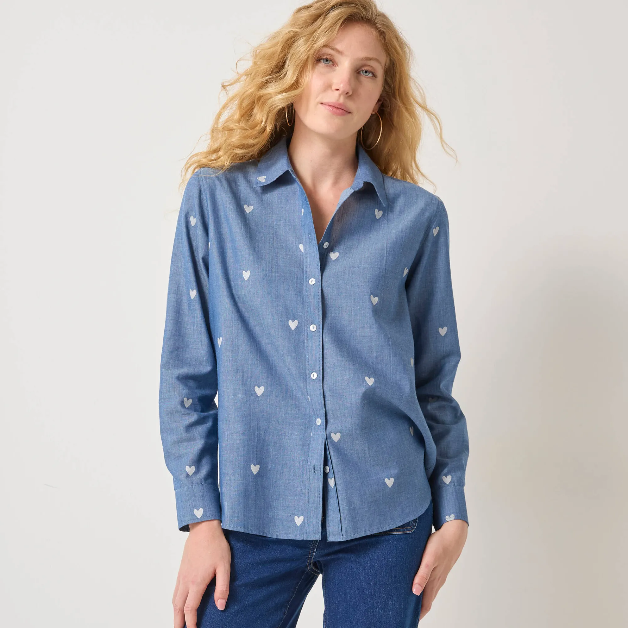 Bloes En Tuniek<Blancheporte Bloes in chambray met knoopsluiting en hartjesprint bleached