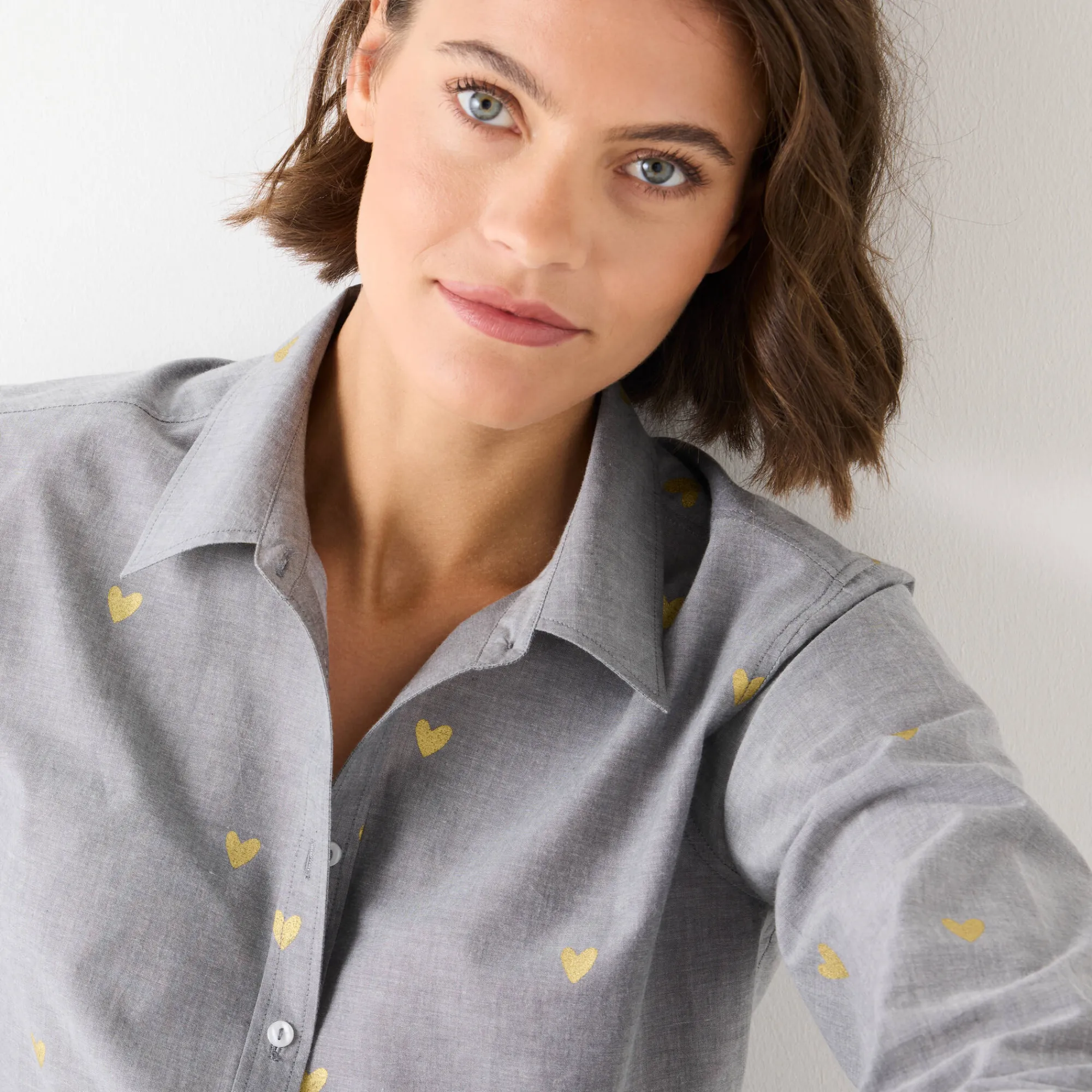 Bloes En Tuniek<Blancheporte Bloes in chambray met knoopsluiting en hartjesprint grijs / goudkleurig