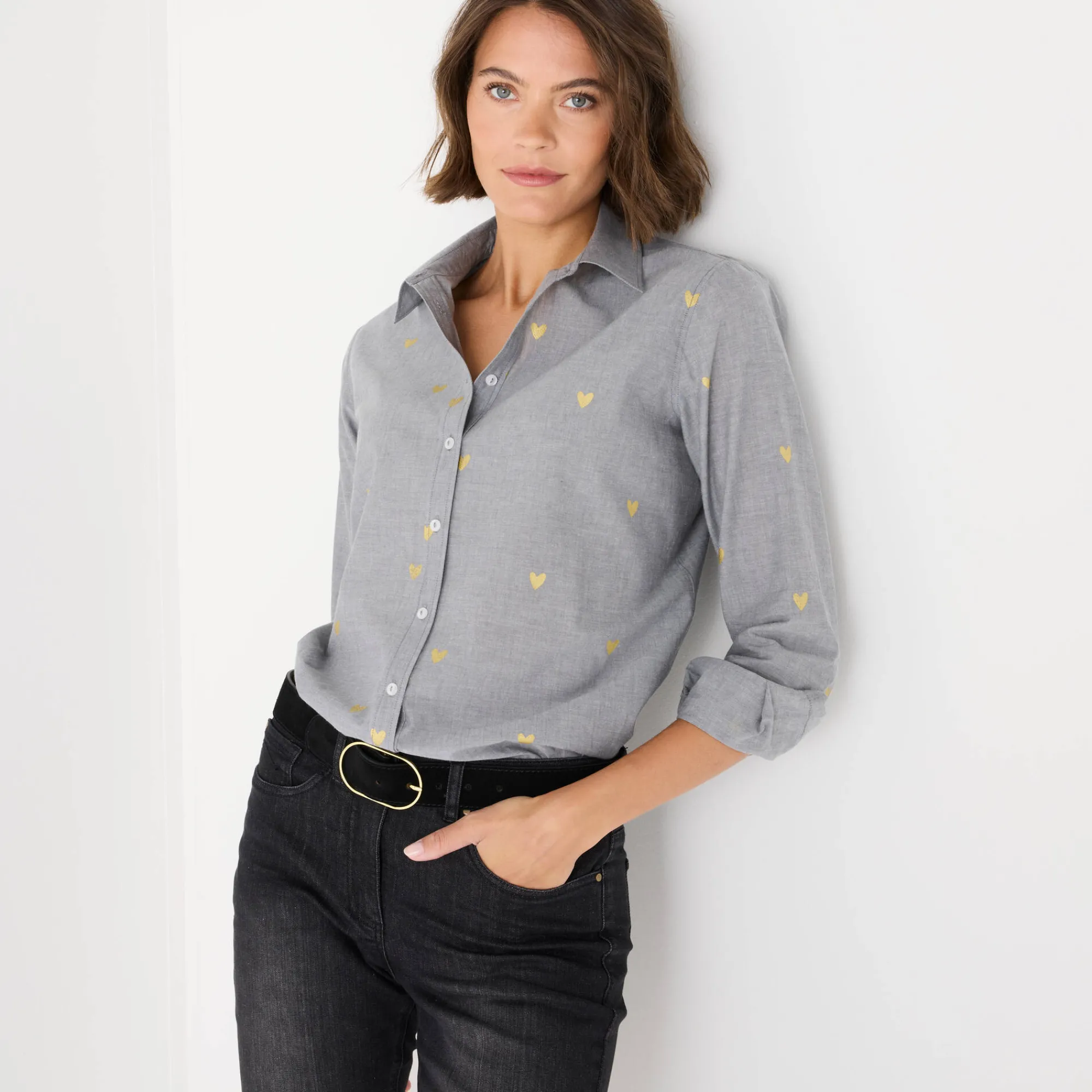 Bloes En Tuniek<Blancheporte Bloes in chambray met knoopsluiting en hartjesprint grijs / goudkleurig