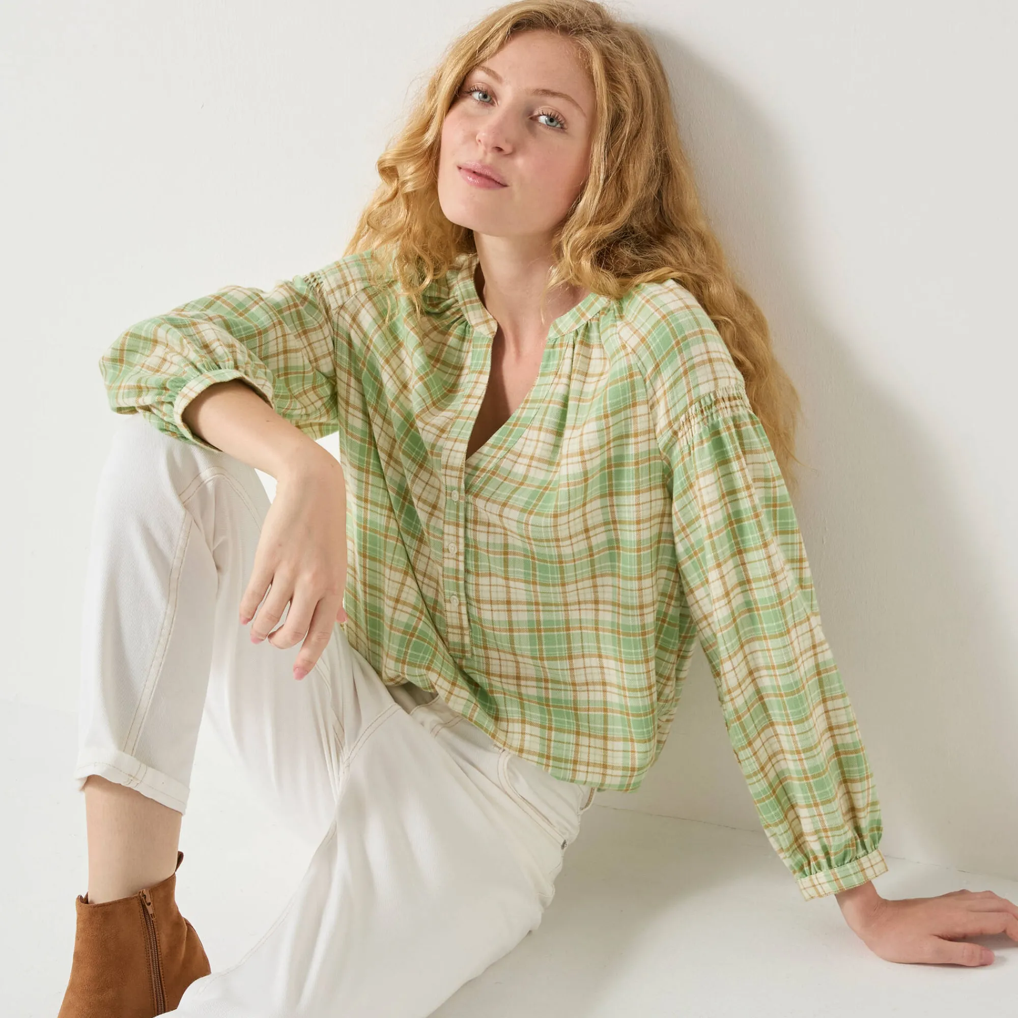 Bloes En Tuniek<Blancheporte Bloes in flanel met ruitenprint, 7/8-mouwen groen / ecru