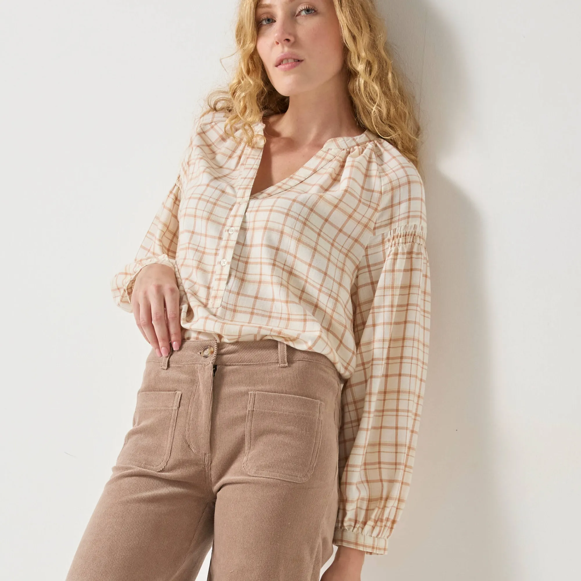 Bloes En Tuniek<Blancheporte Bloes in flanel met ruitenprint, 7/8-mouwen ecru / beige