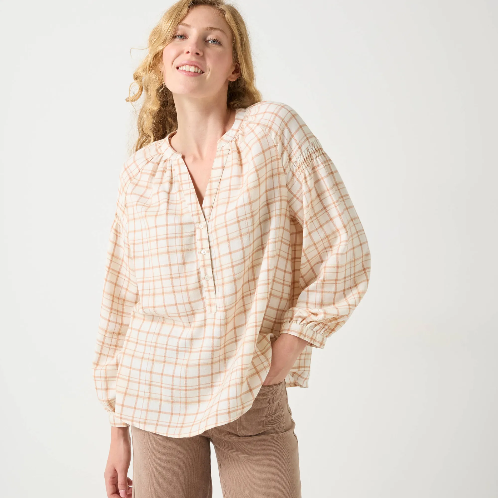 Bloes En Tuniek<Blancheporte Bloes in flanel met ruitenprint, 7/8-mouwen ecru / beige