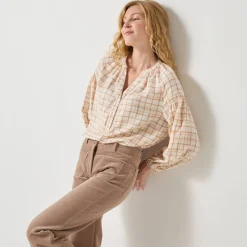 Bloes En Tuniek<Blancheporte Bloes in flanel met ruitenprint, 7/8-mouwen ecru / beige