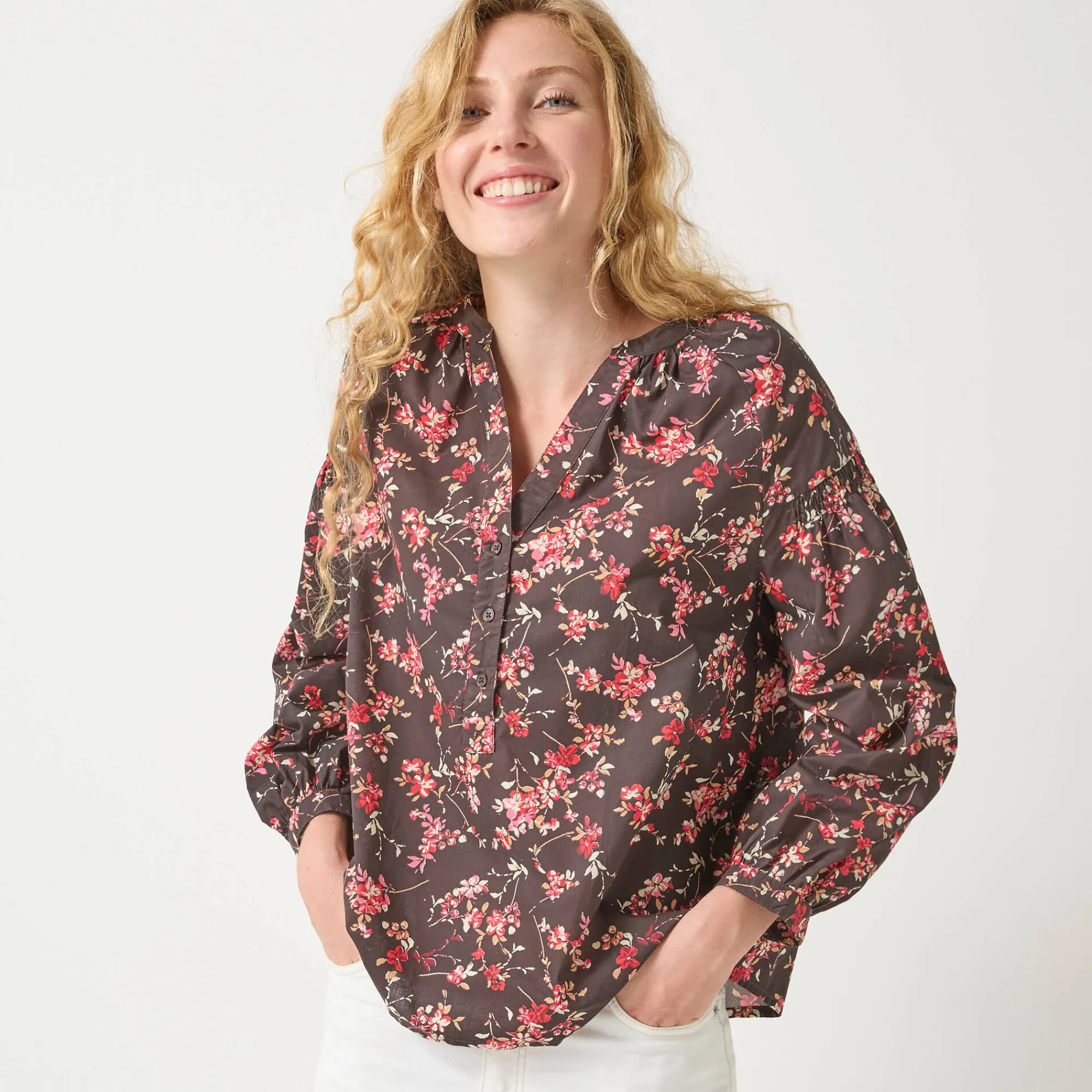 Bloes En Tuniek<Blancheporte Bloes in katoen met bloemenprint, 7/8-mouwen chocolade / roze
