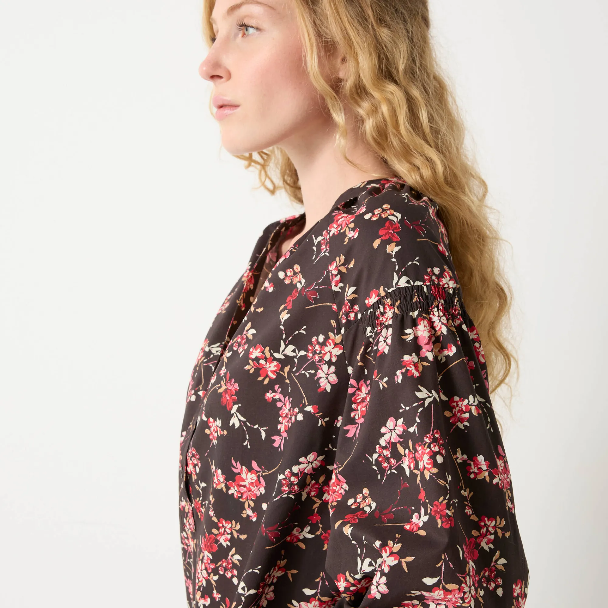 Bloes En Tuniek<Blancheporte Bloes in katoen met bloemenprint, 7/8-mouwen chocolade / roze