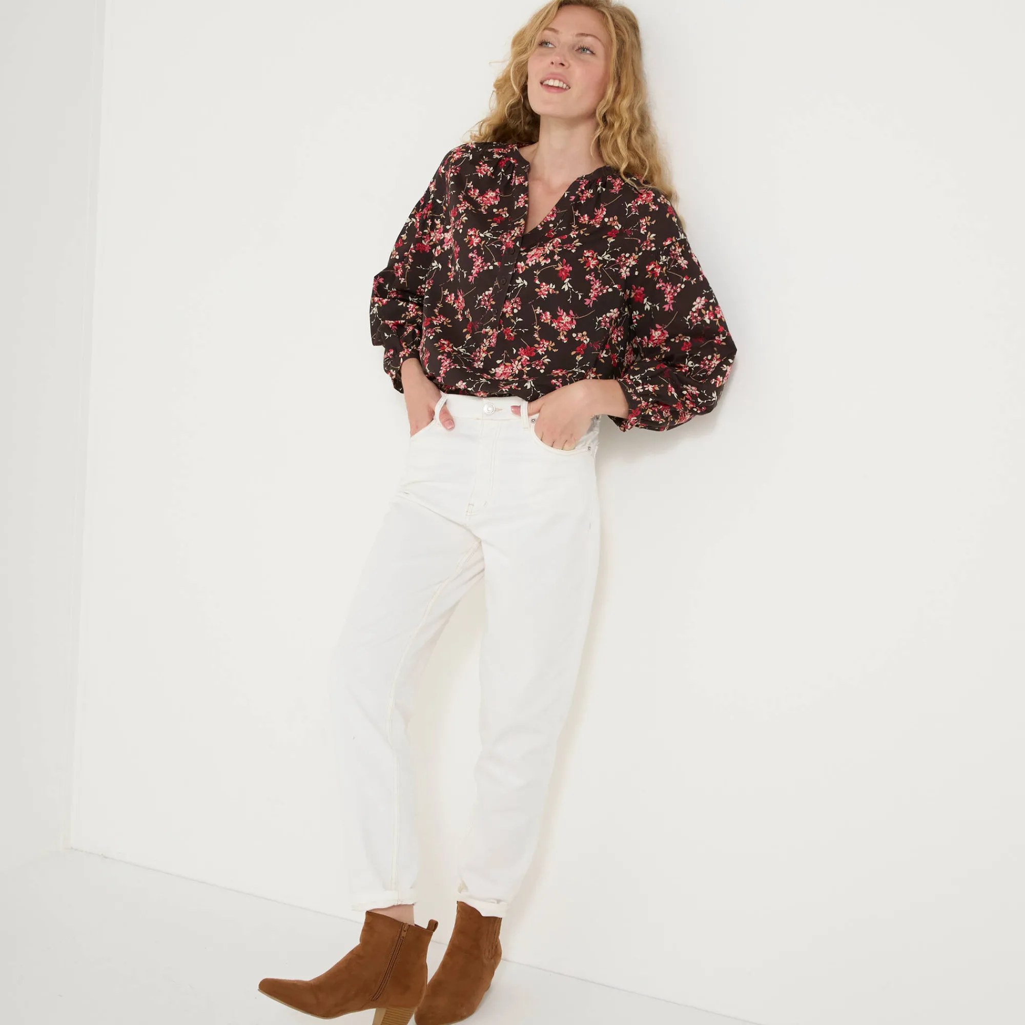 Bloes En Tuniek<Blancheporte Bloes in katoen met bloemenprint, 7/8-mouwen chocolade / roze