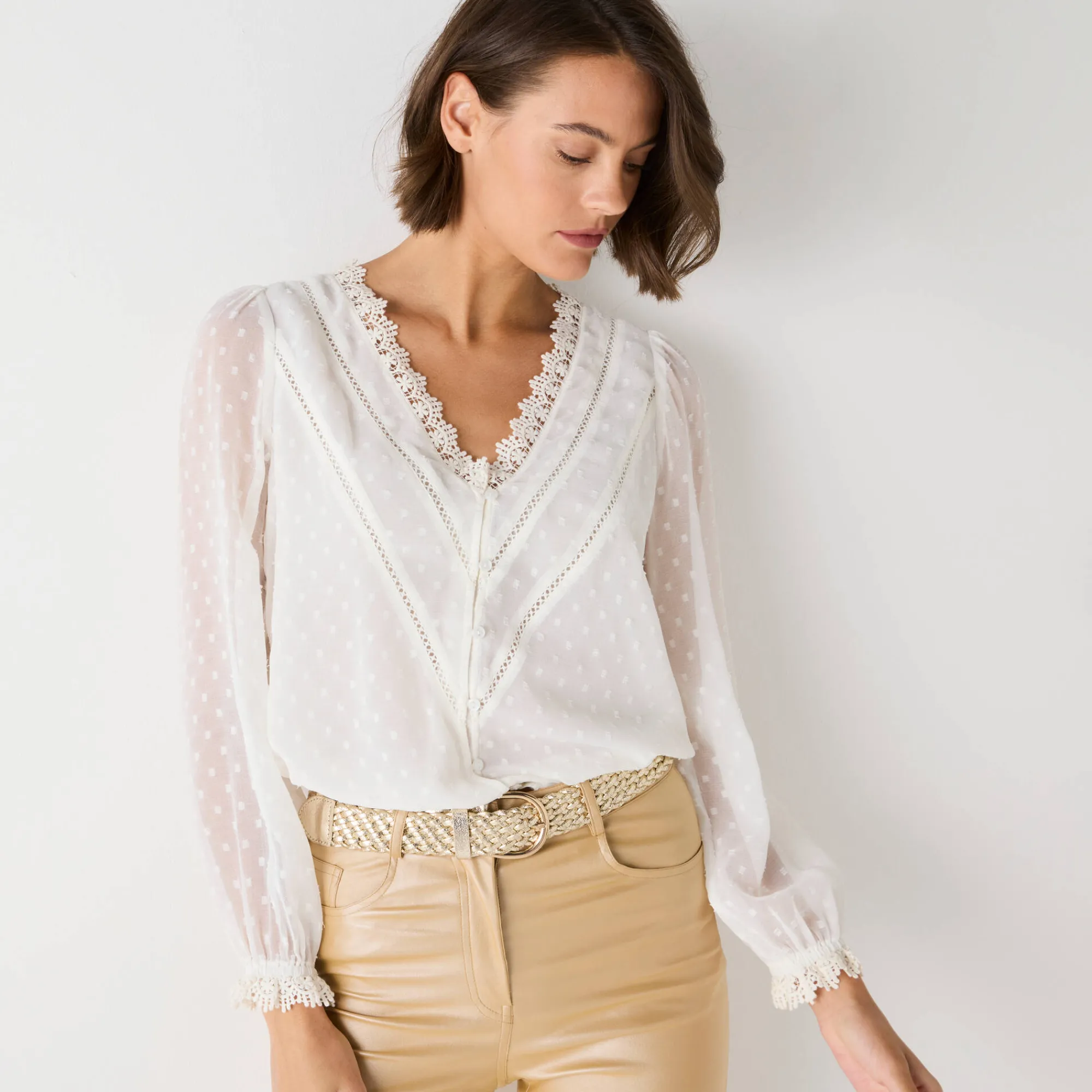 Feestoutfits Dames|Bloes En Tuniek<Blancheporte Bloes in plumetisvoile, details in macramé ecru