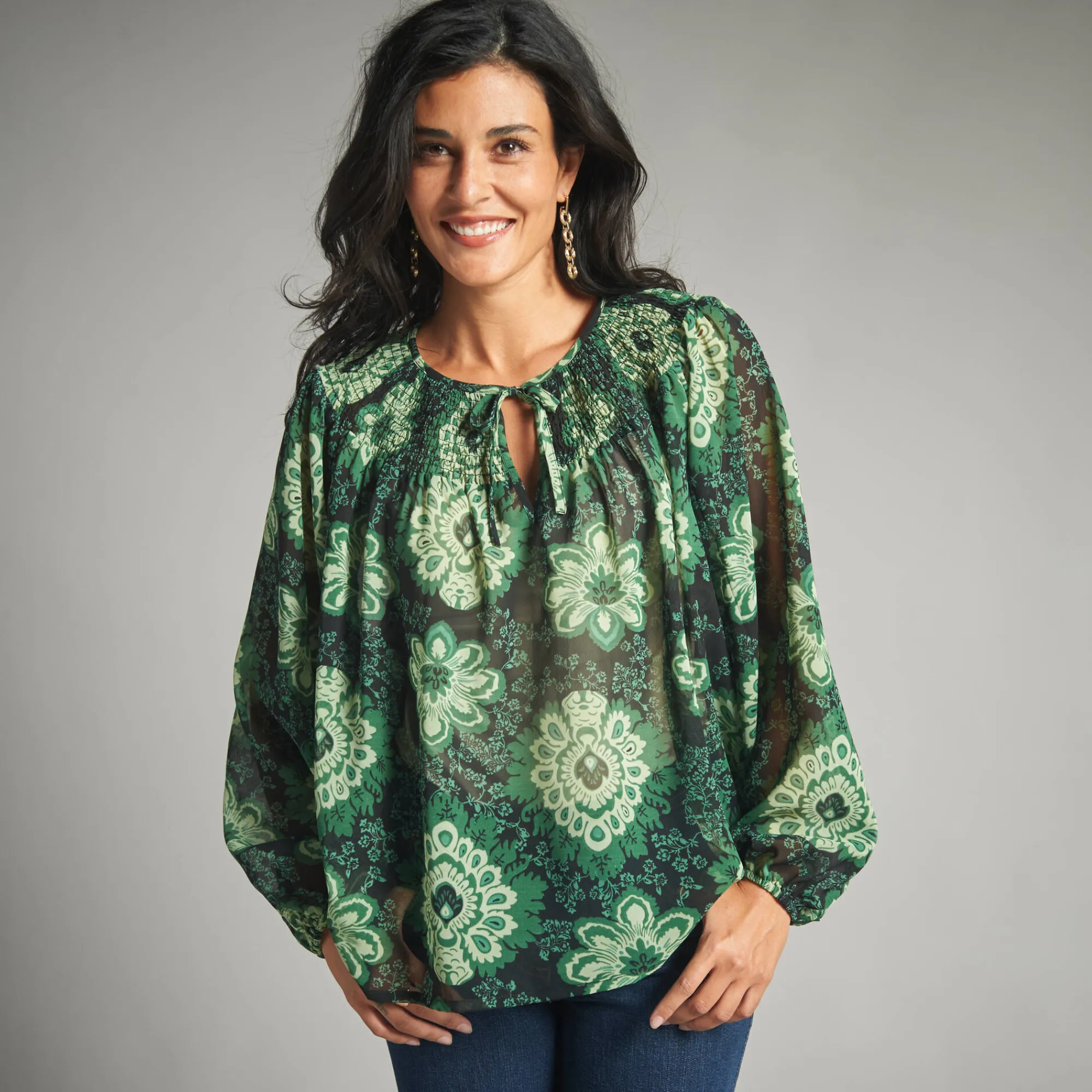 Bloes En Tuniek<Lora Zellini Bloes in voile, bedrukt zwart / groen