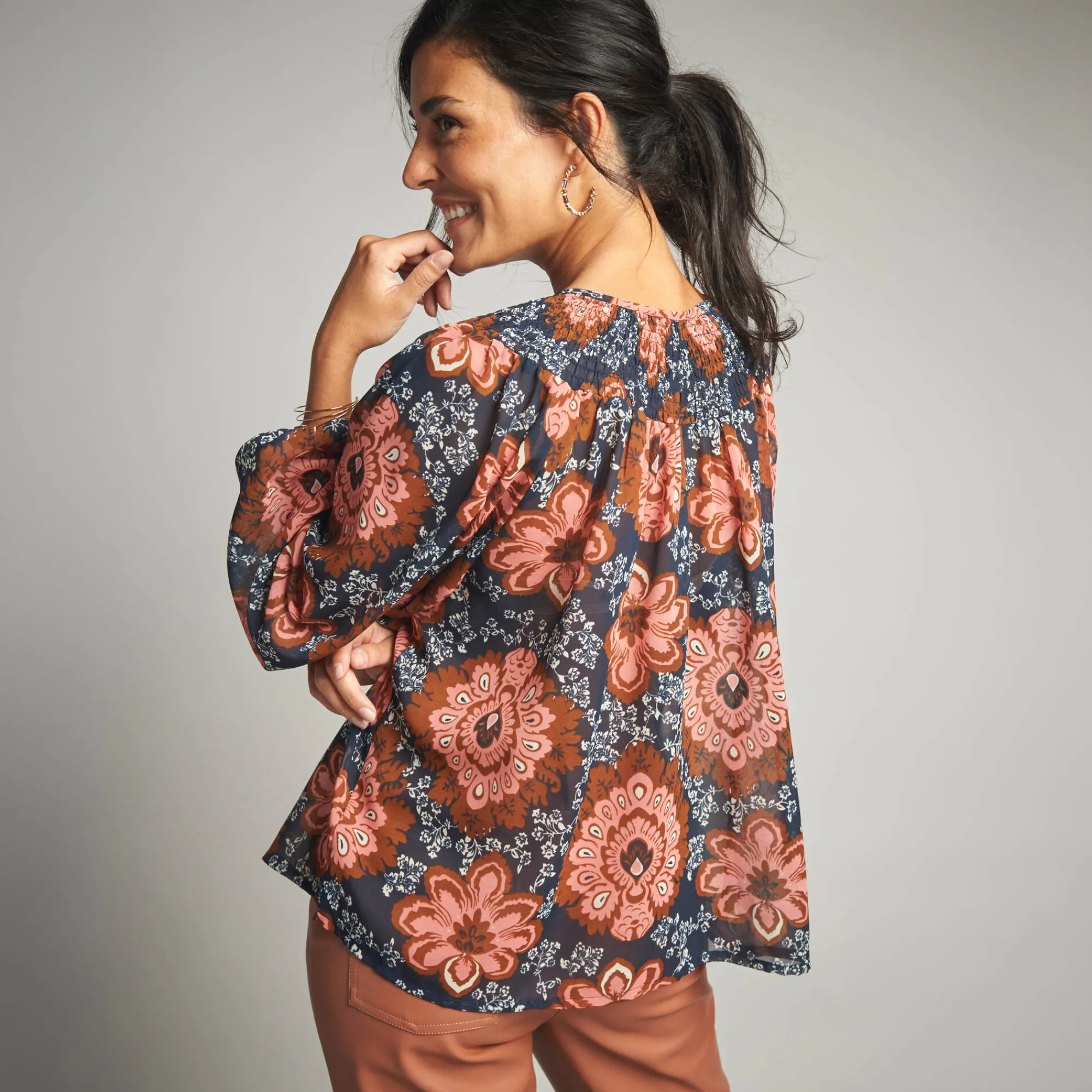 Bloes En Tuniek<Lora Zellini Bloes in voile, bedrukt marine / koraal