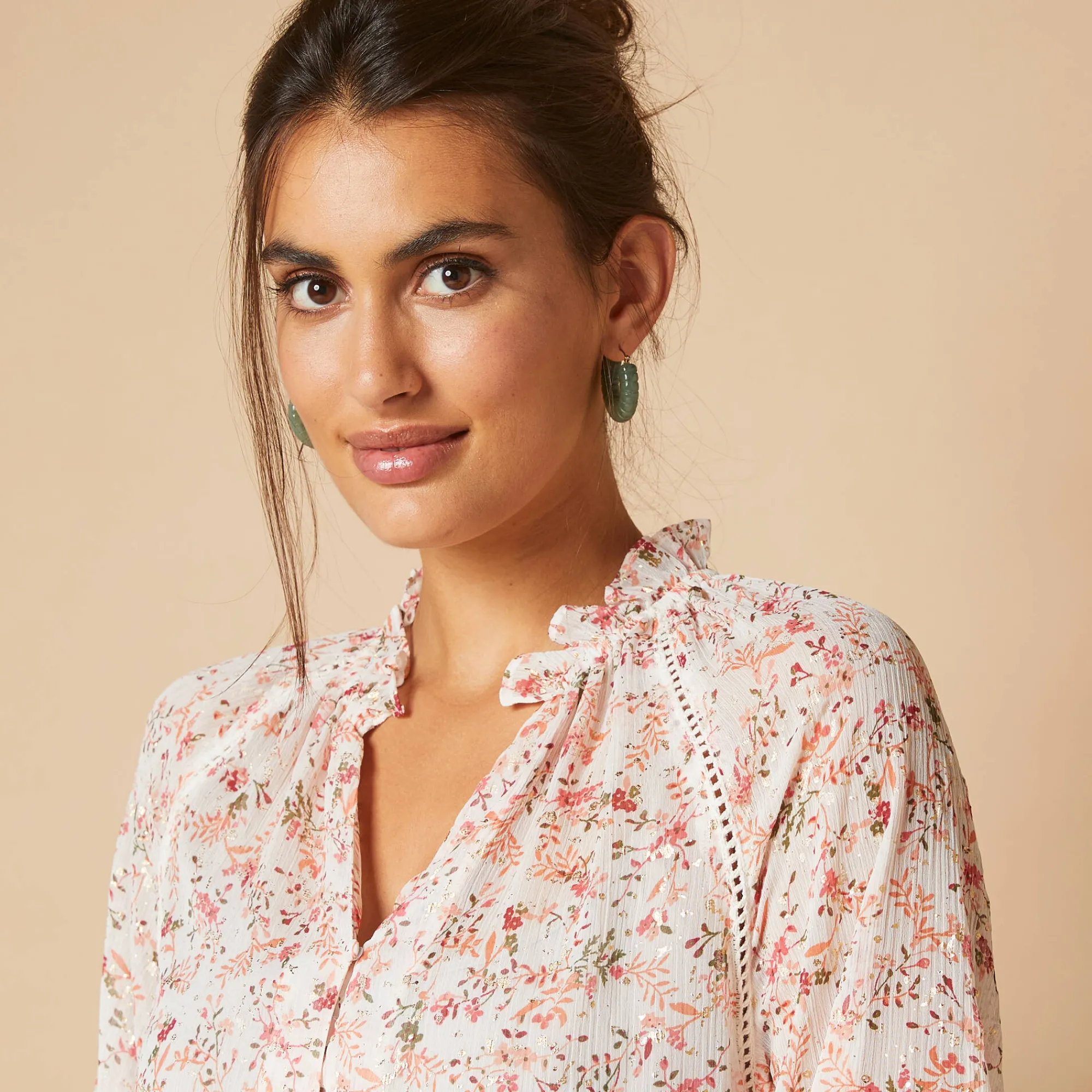 Bloes En Tuniek<Blancheporte Bloes in voile met bloemenprint, goudkleurige print ecru / roze