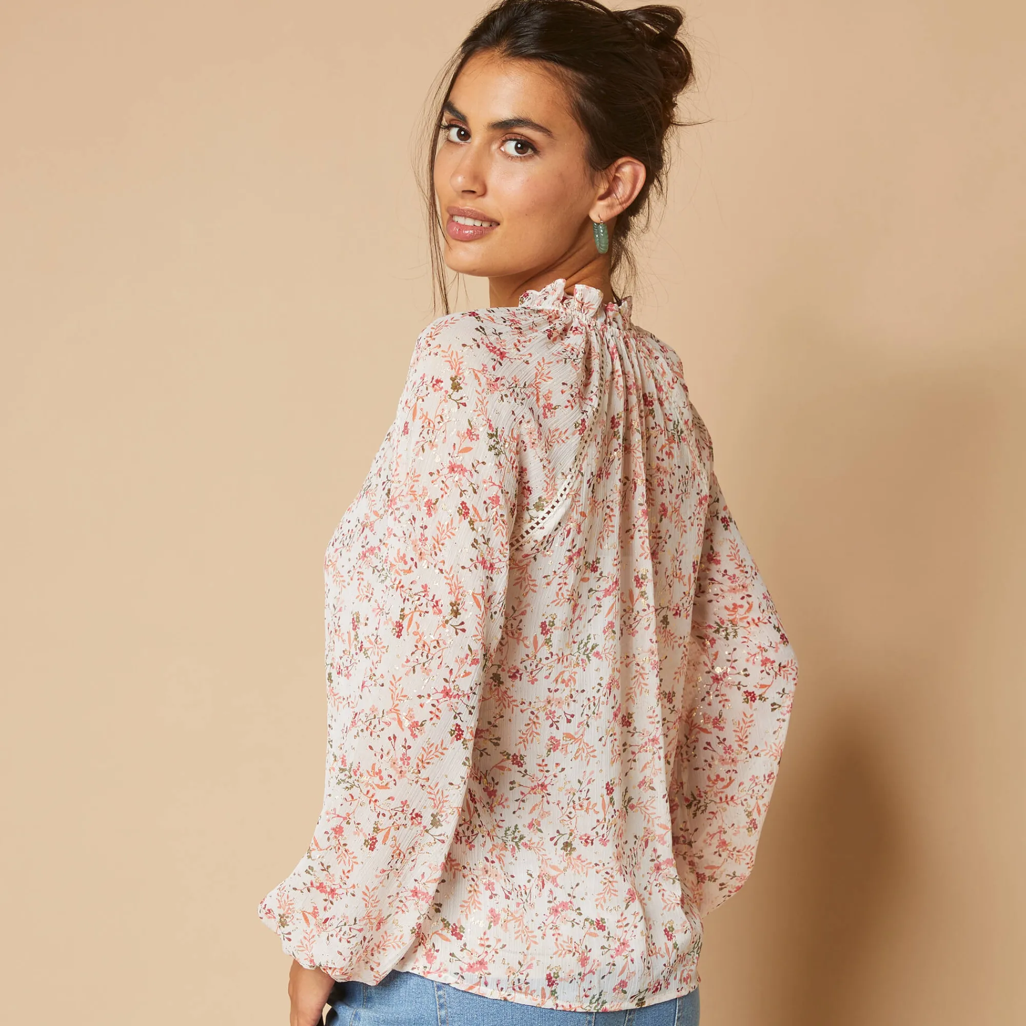 Bloes En Tuniek<Blancheporte Bloes in voile met bloemenprint, goudkleurige print ecru / roze