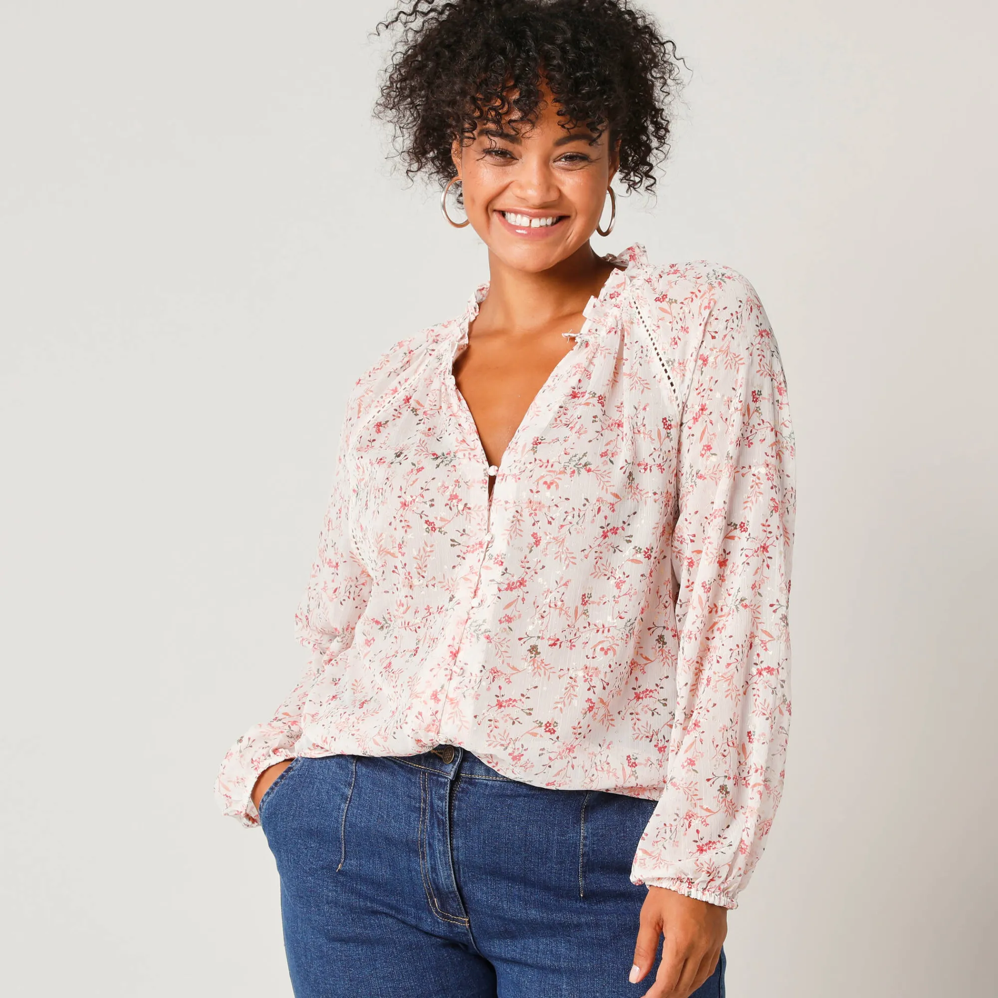Bloes En Tuniek<Blancheporte Bloes in voile met bloemenprint, goudkleurige print ecru / roze