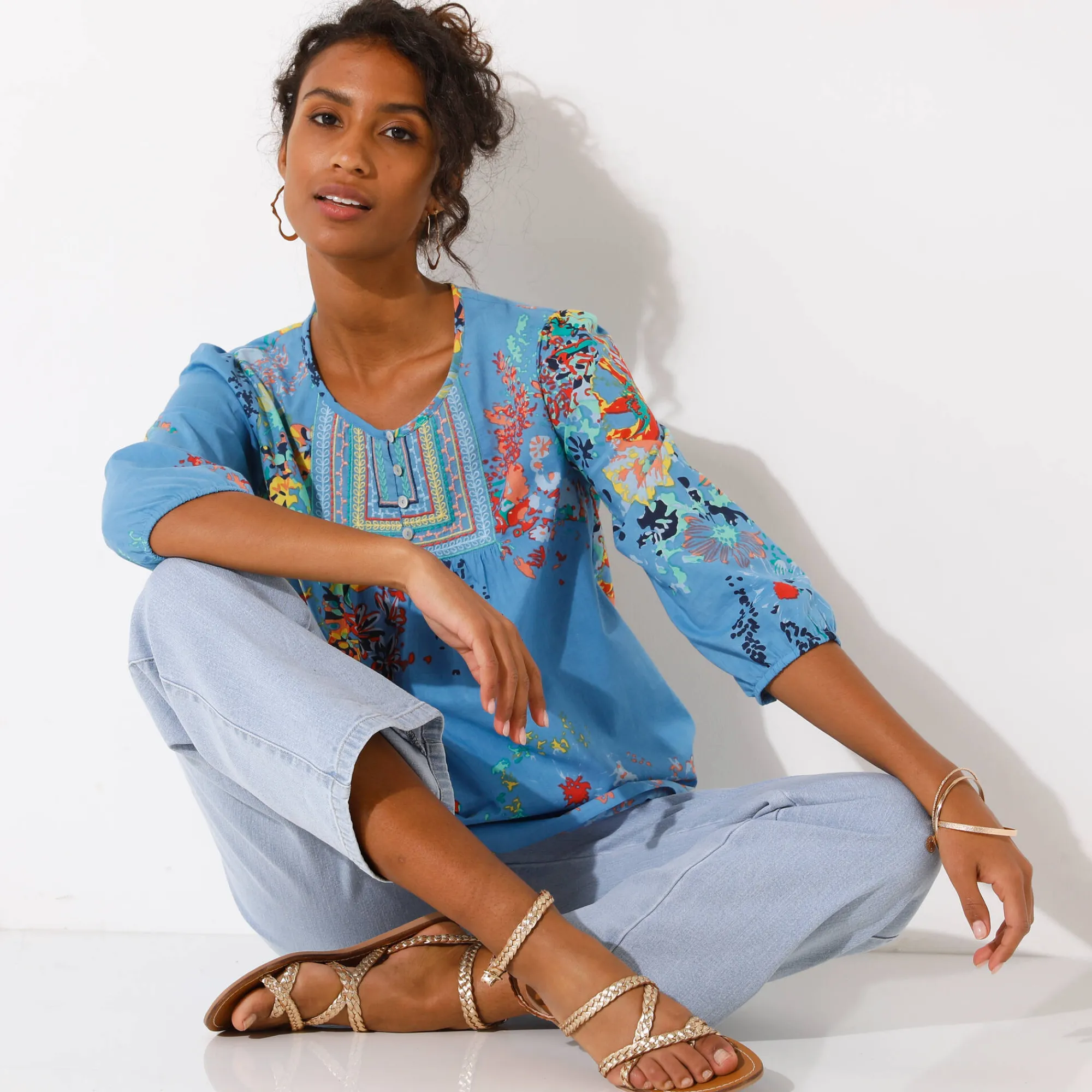 Bloes En Tuniek<Blancheporte Bloes met bloemenprint blauw / koraal