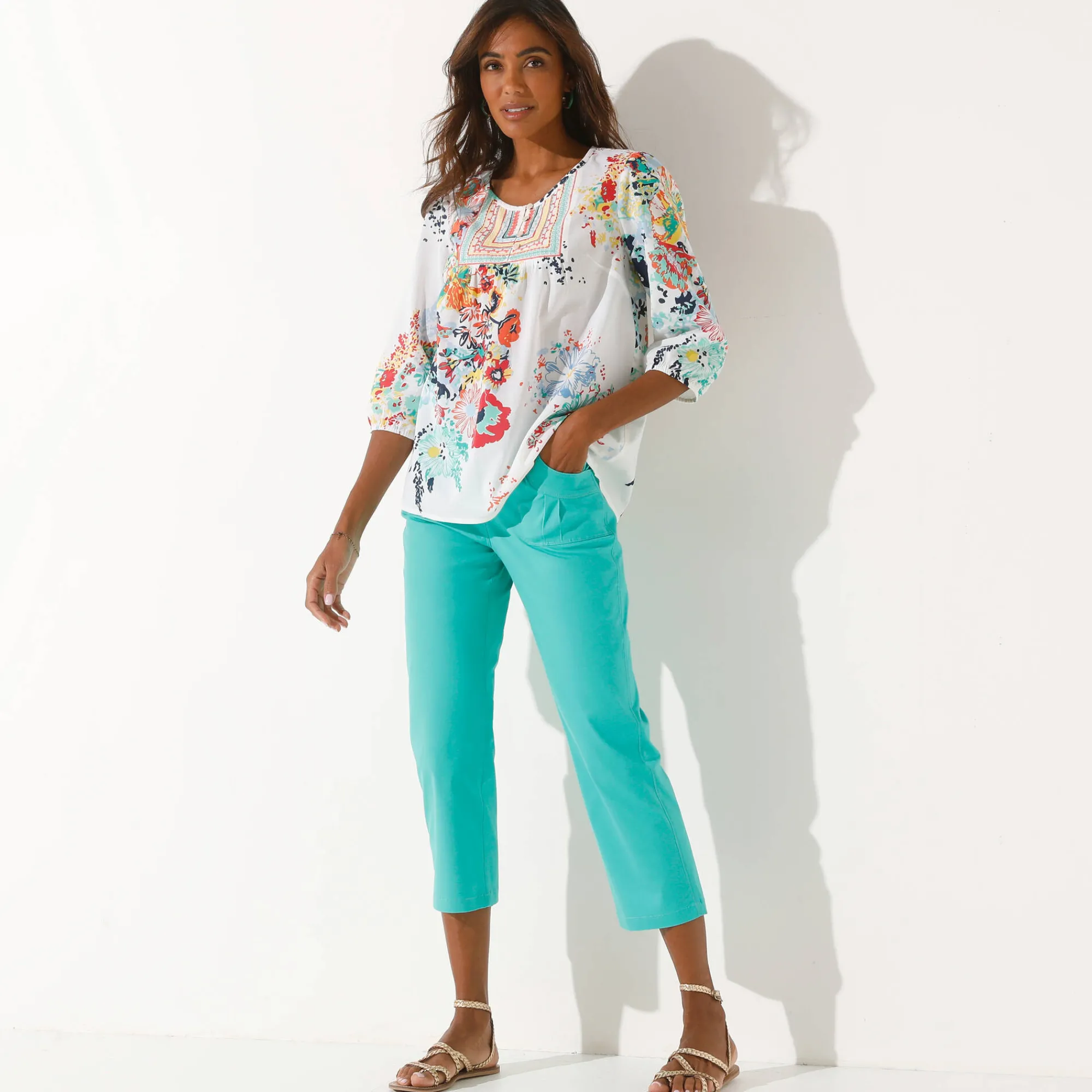 Bloes En Tuniek<Blancheporte Bloes met bloemenprint wit / muntgroen