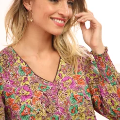Bloes En Tuniek<Blancheporte Bloes met bloemenprint en smokwerk aan de schouders violine / groen