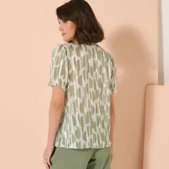 Bloes En Tuniek<Blancheporte Bloes met bloezende mouwen en tweekleurige print, jacquardvoile kaki / ecru