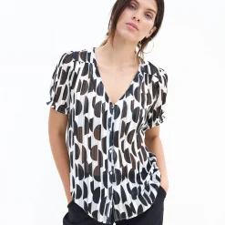 Bloes En Tuniek<Blancheporte Bloes met bloezende mouwen en tweekleurige print, jacquardvoile zwart / ecru