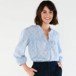 Bloes En Tuniek<Blancheporte Bloes met broderie anglaise, smokwerk en stroken aan de hals hemelsblauw