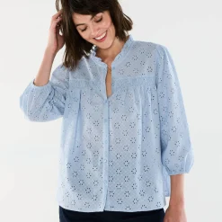 Bloes En Tuniek<Blancheporte Bloes met broderie anglaise, smokwerk en stroken aan de hals hemelsblauw
