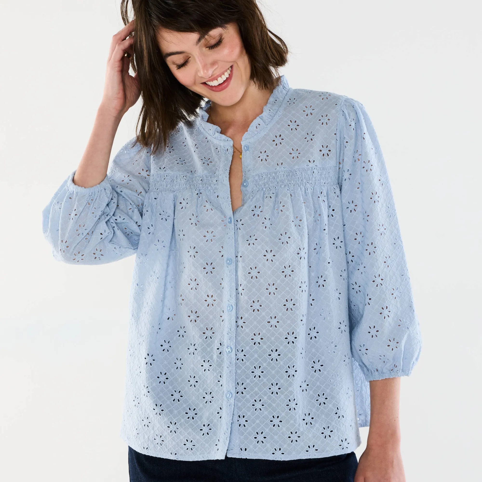 Bloes En Tuniek<Blancheporte Bloes met broderie anglaise, smokwerk en stroken aan de hals hemelsblauw