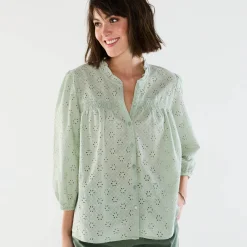 Bloes En Tuniek<Blancheporte Bloes met broderie anglaise, smokwerk en stroken aan de hals amandel groen