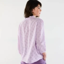 Bloes En Tuniek<Blancheporte Bloes met broderie anglaise, smokwerk en stroken aan de hals lila
