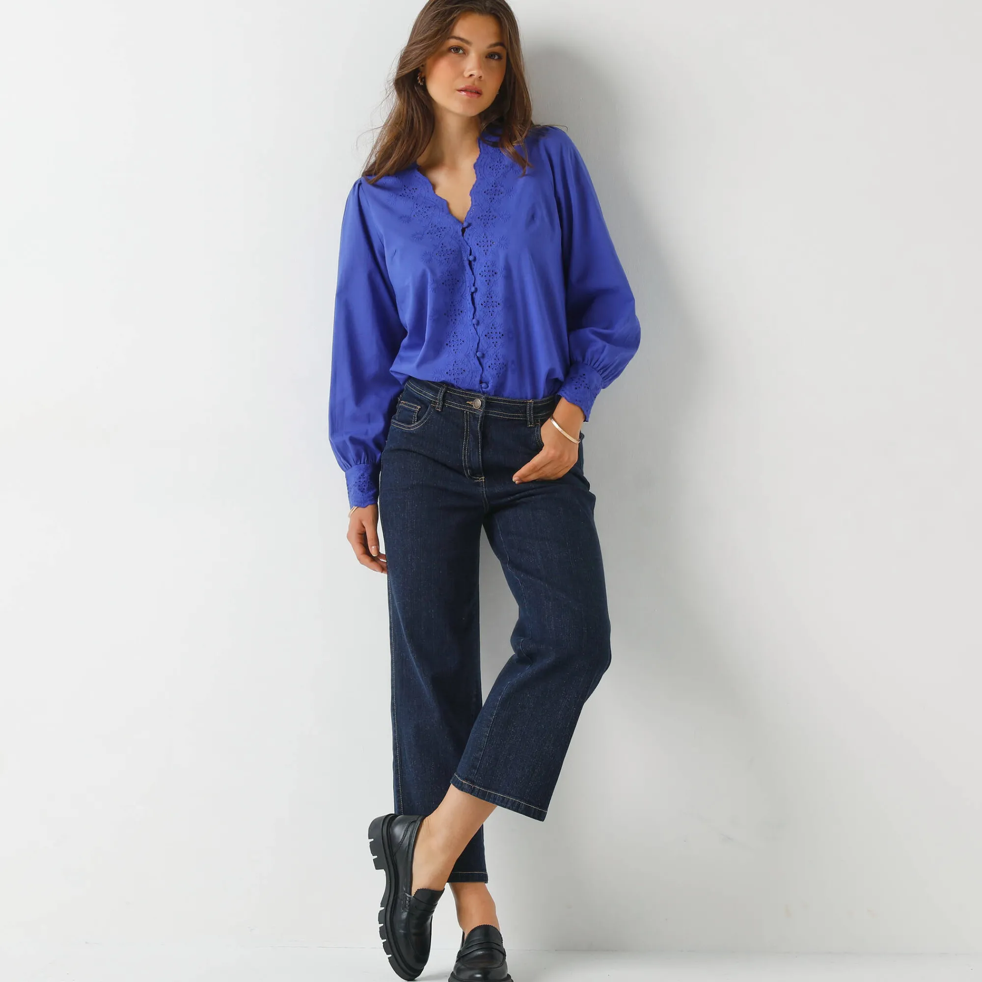 Bloes En Tuniek<Blancheporte Bloes met broderie anglaise, katoen felblauw
