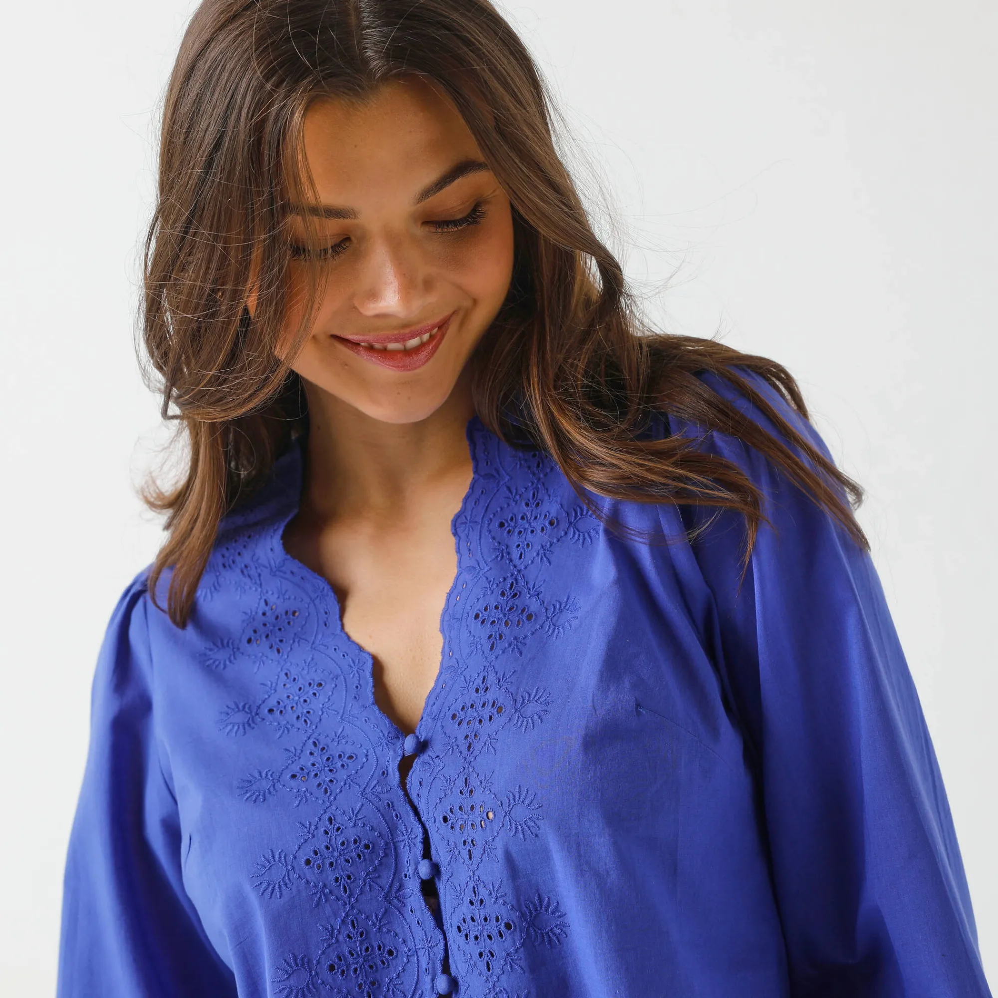 Bloes En Tuniek<Blancheporte Bloes met broderie anglaise, katoen felblauw