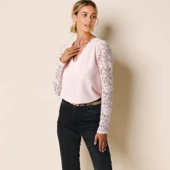 Feestoutfits Dames|Bloes En Tuniek<Blancheporte Bloes met festonrand achter poederroze