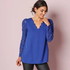 Feestoutfits Dames|Bloes En Tuniek<Blancheporte Bloes met festonrand achter blauw