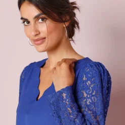 Feestoutfits Dames|Bloes En Tuniek<Blancheporte Bloes met festonrand achter blauw