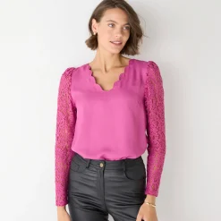 Feestoutfits Dames|Bloes En Tuniek<Blancheporte Bloes met festonrand achter grijsvioline