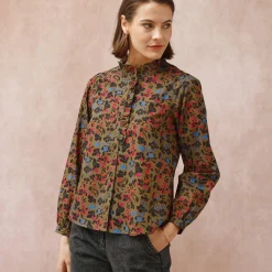 Bloes En Tuniek<Blancheporte Bloes met fronskraag, bloemenprint olijfgroen