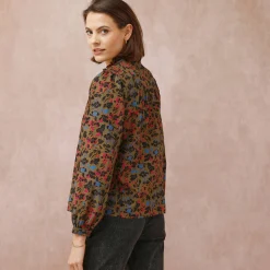 Bloes En Tuniek<Blancheporte Bloes met fronskraag, bloemenprint olijfgroen