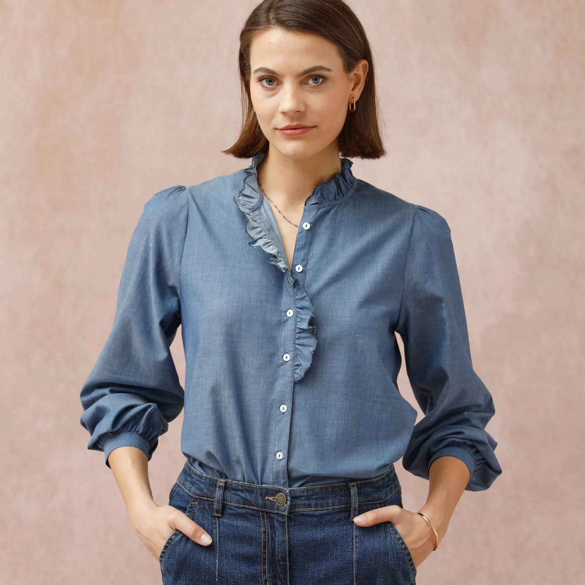 Bloes En Tuniek<Blancheporte Bloes met fronskraag, chambray stone
