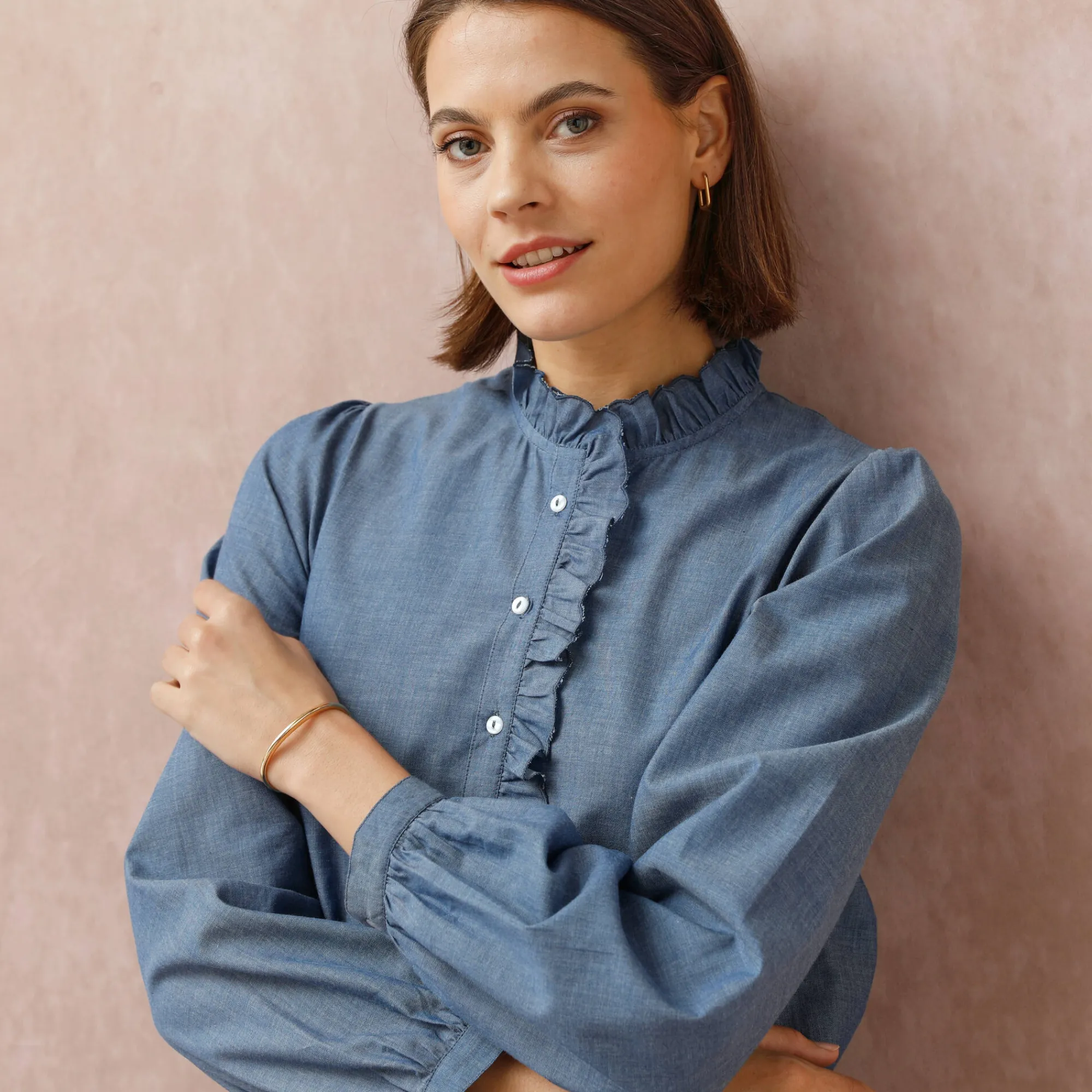 Bloes En Tuniek<Blancheporte Bloes met fronskraag, chambray stone