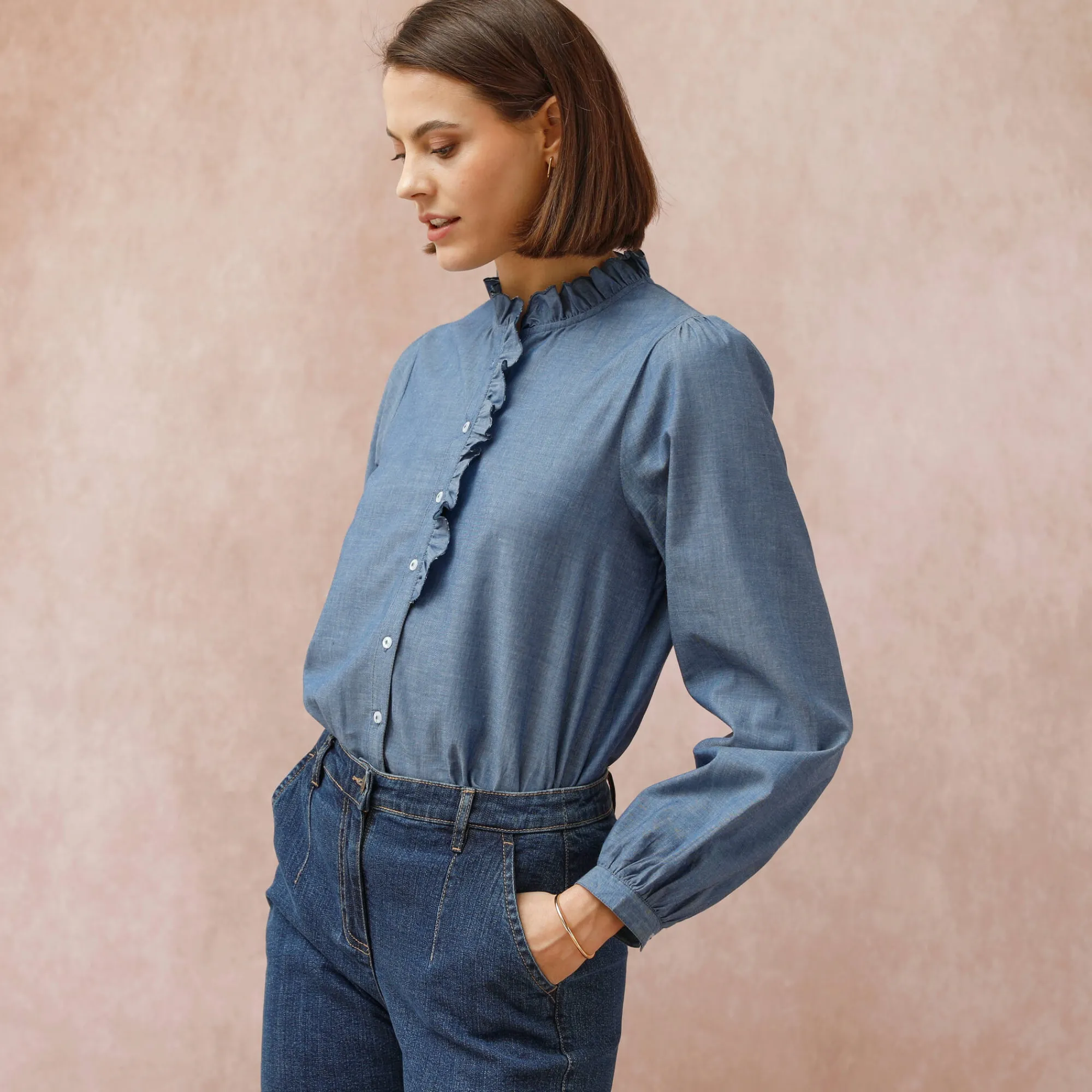 Bloes En Tuniek<Blancheporte Bloes met fronskraag, chambray stone