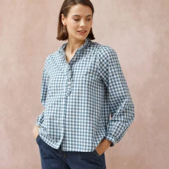 Bloes En Tuniek<Blancheporte Bloes met fronskraag, vichy blauw / ecru