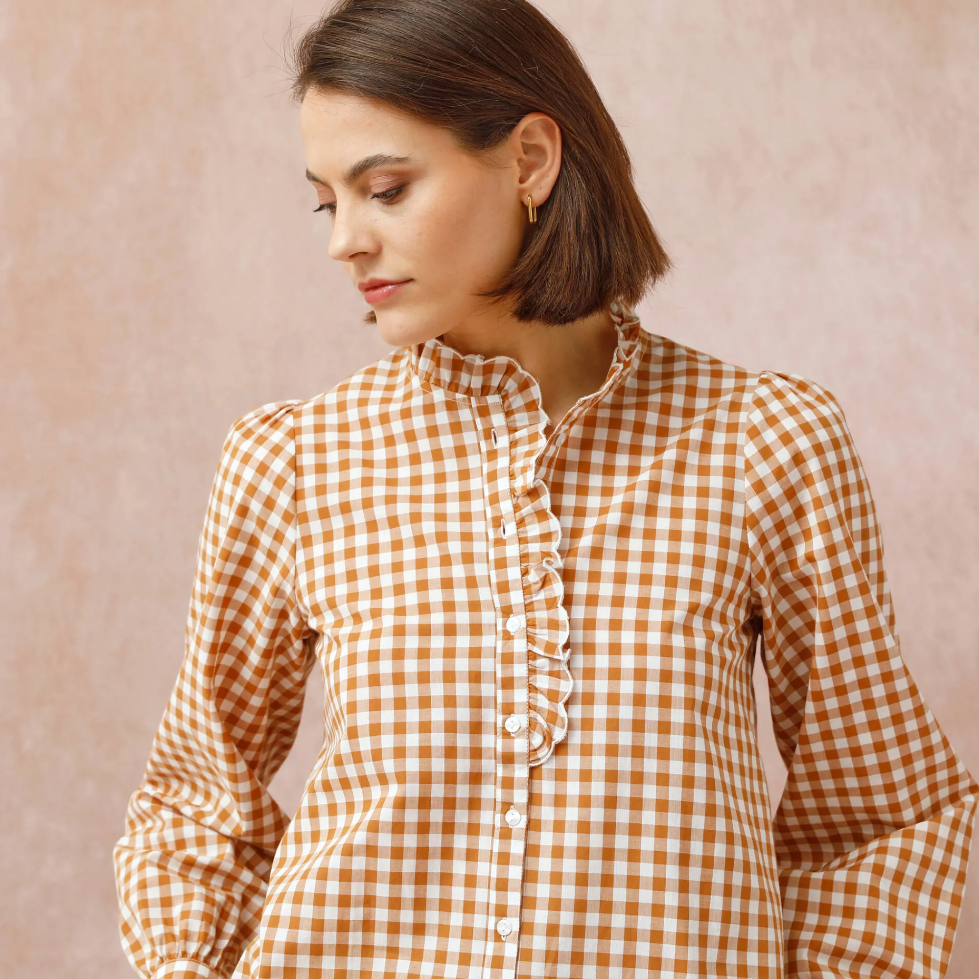 Bloes En Tuniek<Blancheporte Bloes met fronskraag, vichy hazelnootbruin / ecru