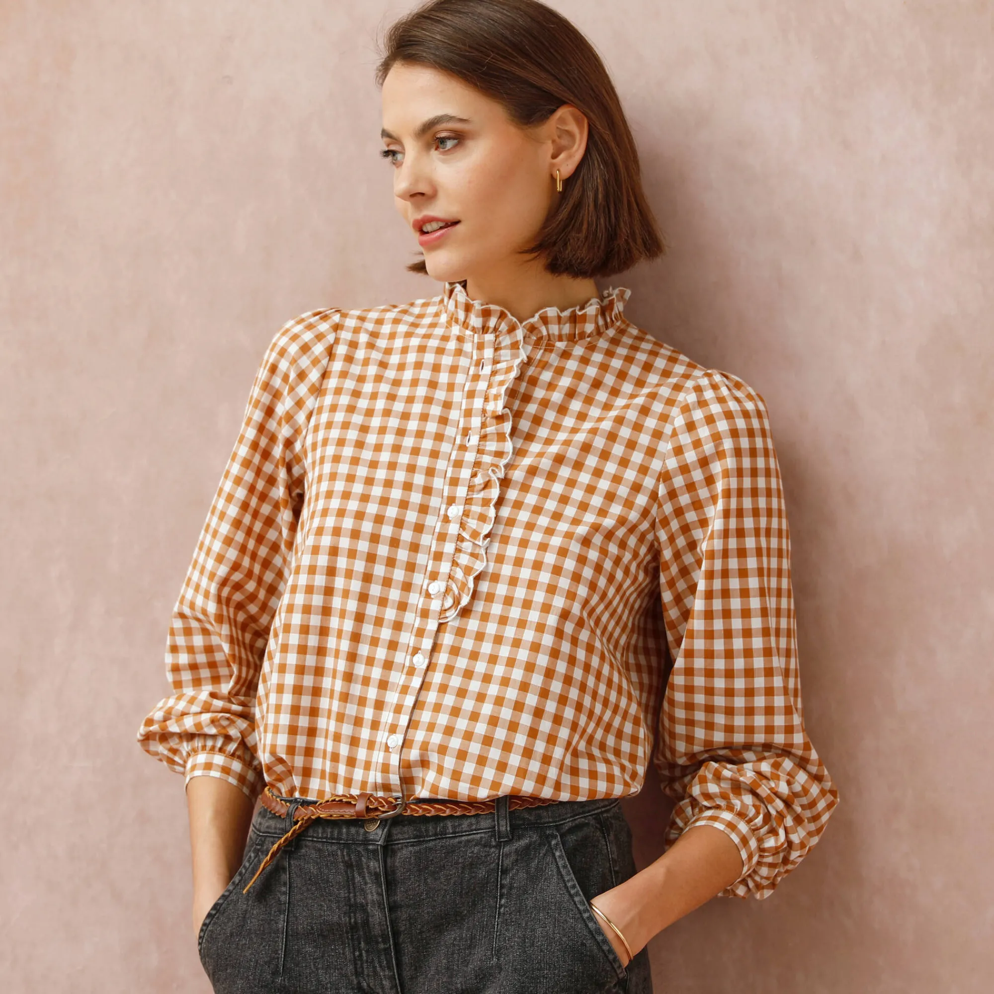 Bloes En Tuniek<Blancheporte Bloes met fronskraag, vichy hazelnootbruin / ecru
